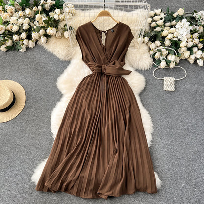 Französisch Vintage elegante Plissee Vneck Kleid A-Linie Mode Chiffon Frühling Herbst ärmellose Vestidos Frauen kleider