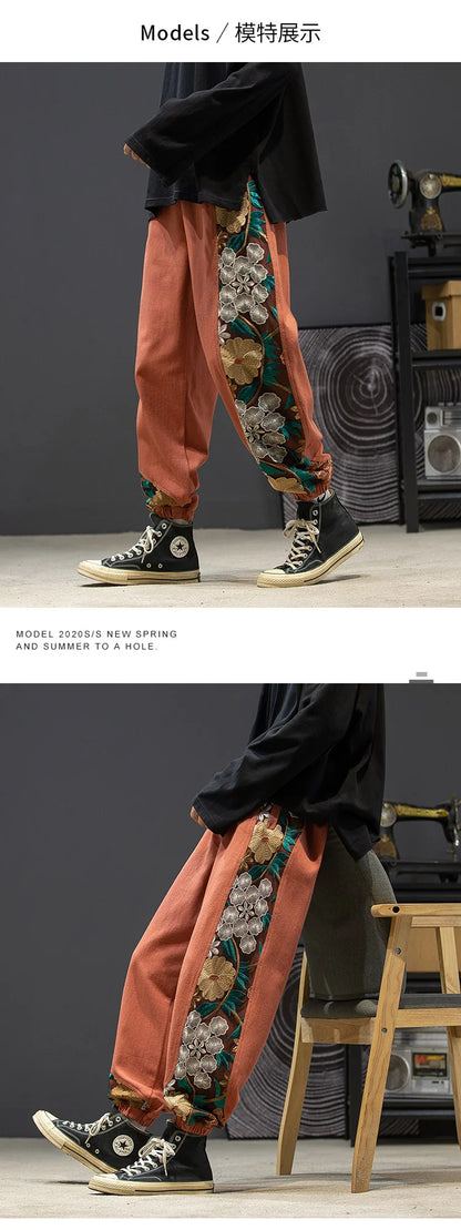 Fashion Casual Pants Men's Clothing Cotton Japanese Samurai Embroidery Patchwork Harem Trousers Oversized Harajuku Joggers Male.