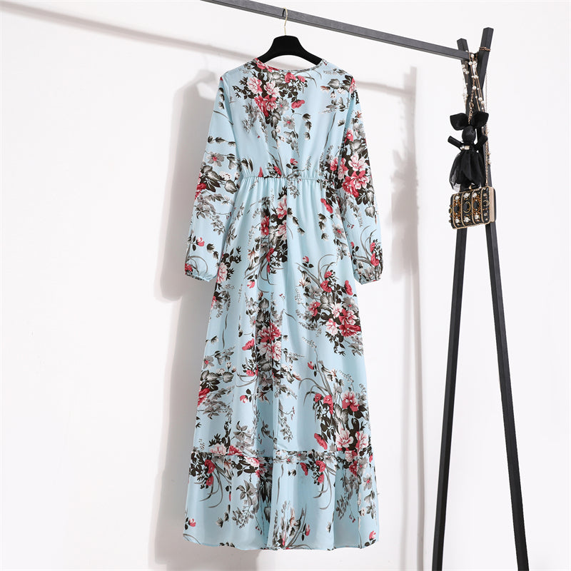 Frühling Sommer Frauen Maxi Kleider Casual Volle Hülse Floral Gedruckt Oansatz Frau Bohe Strand Party Lange Kleid Mujer Vestidos.