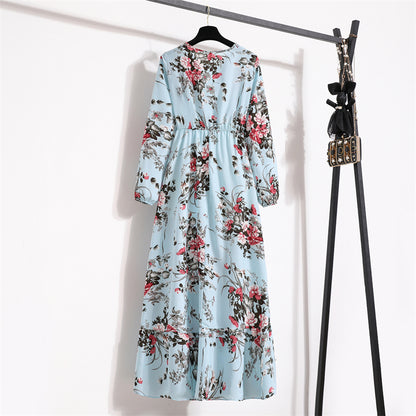 Frühling Sommer Frauen Maxi Kleider Casual Volle Hülse Floral Gedruckt Oansatz Frau Bohe Strand Party Lange Kleid Mujer Vestidos.