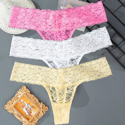 3PCS Lace Floral Women Panties Low Waist Breathable Briefs Female Thong Underwear M-2XL Solid Sexy G-String Transparent Panty.