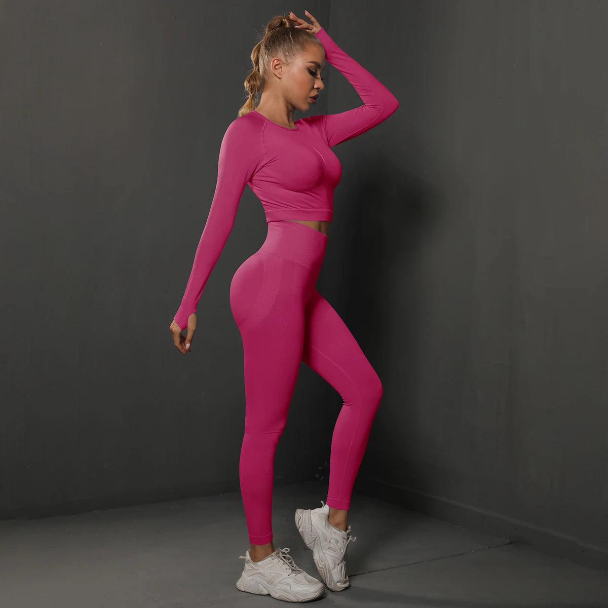 2Pcs Women Sets Energy Seamless Gym Suits Bubble Butt Sports Pants+Long Sleeve Shirts Push Up Running Sets Tracksuits Tights Set.