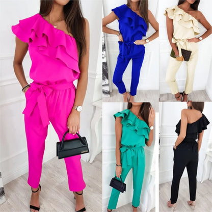 Summer Sexy Strapless Sleeveless Women's Party Jumpsuit Fashion Peplum Slim Fit Lace Up Elegant Female Office Jumpsuit Bottoms.