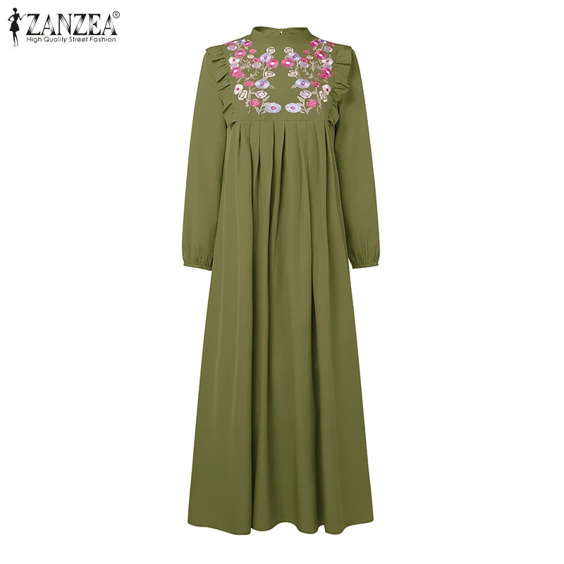 2025 Autumn Muslim Dresses Abaya ZANZEA Women Elegant Long Sleeeve Floral Dress Dubai Robe IsIamic Clothing Maxi Long Sundress.