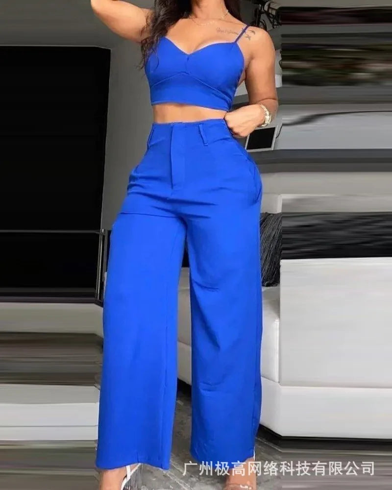 Summer Sexy 2 Piece Set Women V-Neck Strap Shirred Slim Crop Top & Lace-up Wide Leg Pants Sets Elegant Holiday Lady Suit.