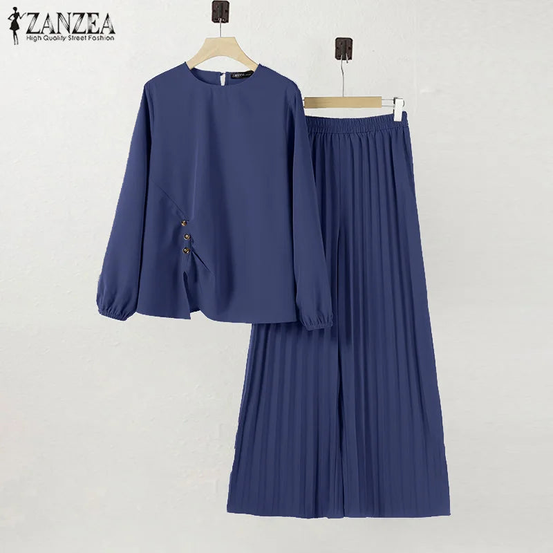 ZANZEA Muslim Sets Fashion 2pcs Women Long Sleeve Blouse Wide Leg Pant Sets Causal Spring Solid Work Outfits Islamic Clothing.