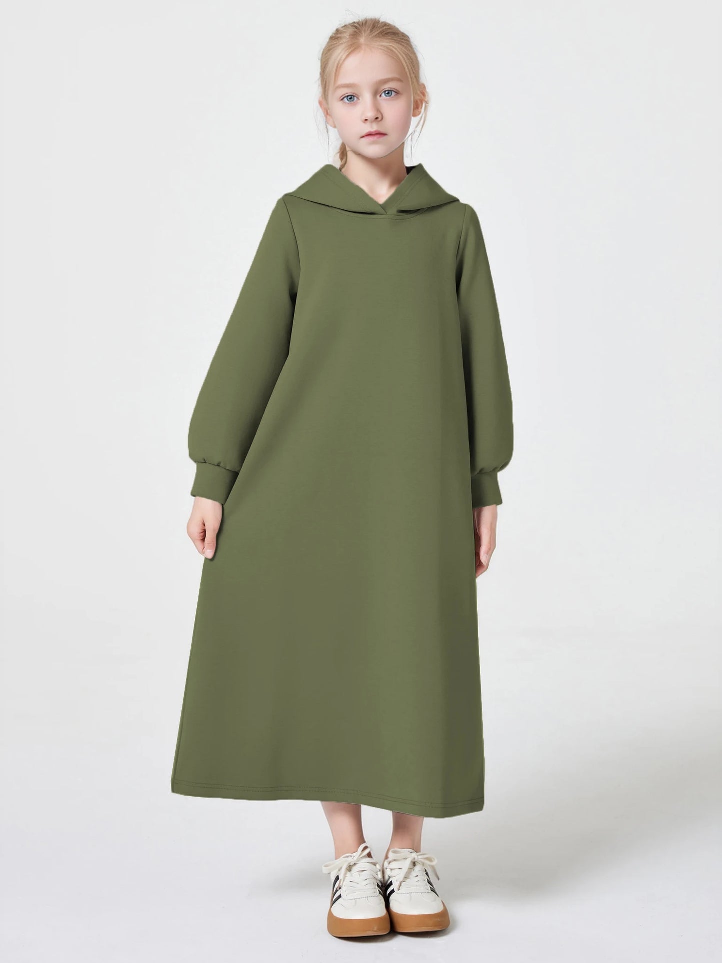 Ramadan kebaya Muslim Girls Abaya Middle East Autumn and winter solid color warm hoodie V-neck Hooded Loose Kids Kebaya Dress.