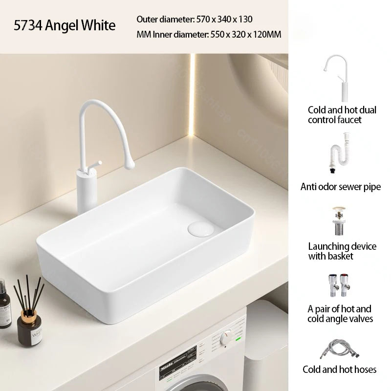 Rechteckiges Waschbecken aus Porzellan-Keramik für Badezimmer, modernes Waschbecken über der Theke mit Abflussset, Waschtischwaschbecken auf der Arbeitsplatte