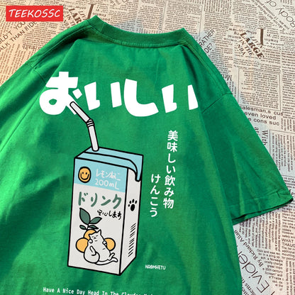Cute Japanese Cat Print Oversized T-shirt Women Men Short Sleeve Loose Casual Tee Shirt Streetwear Tops Cotton Harajuku Clothing
