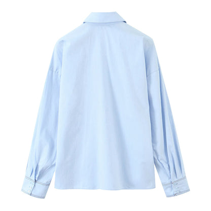 KONDALA Fall Women Elegant Blue Shirt Lapel Waist Buttons Shirt Office Lady Tops New 2025 Spring Autumn Fashion Commuter Shirt.