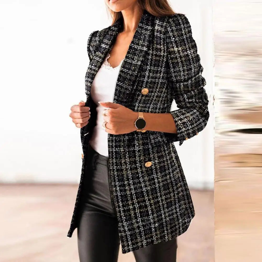 Frauen Herbst Blazer Revers Strickjacke Lange Ärmeln Doppel-breasted Slim Fit Warm Lässige Dick Plaid Print Lady Mantel für arbeit Jacke.