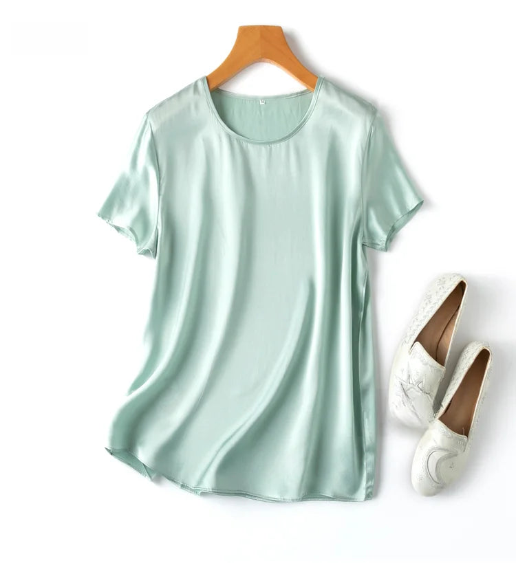 Women 100% Mulberry Silk 19 Momme half sleeve Crew Neck Top Shirt Blouse T-shirt More Colors M L XL MM4270