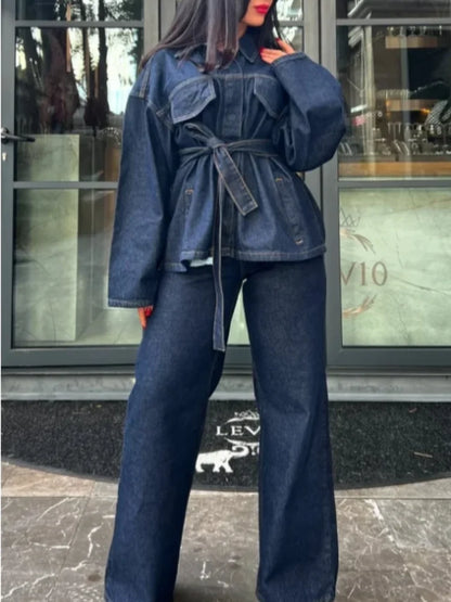 Retro Classic Denim Jacket Pants 2pcs Set Strap Coat Women Straight Leg Pants Autumn Stylish Women's Casual Suit