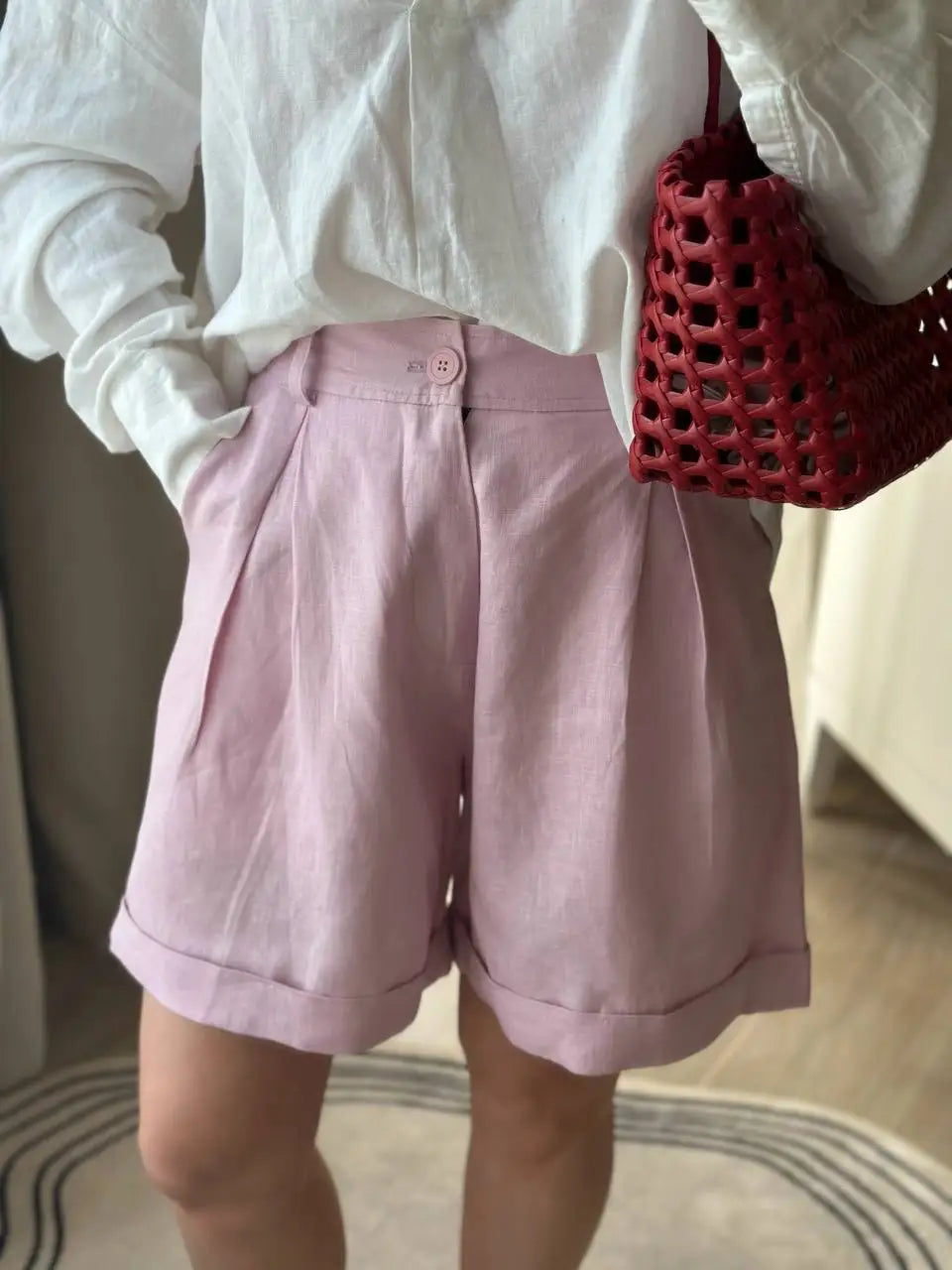 Summer Korea Style Lazy Linen Curled Bermuda Shorts Wide Leg Loose Slim Casual Hot Pants For Women