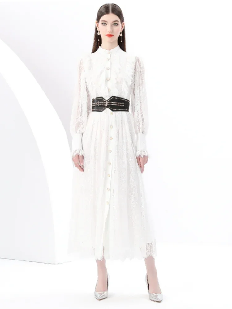 Neue Frühling Herbst Spitze Kleid für Frauen Weiß Schwarz Elegante Taille Langarm Stil Geburtstag Party Kleid Weibliche C186.