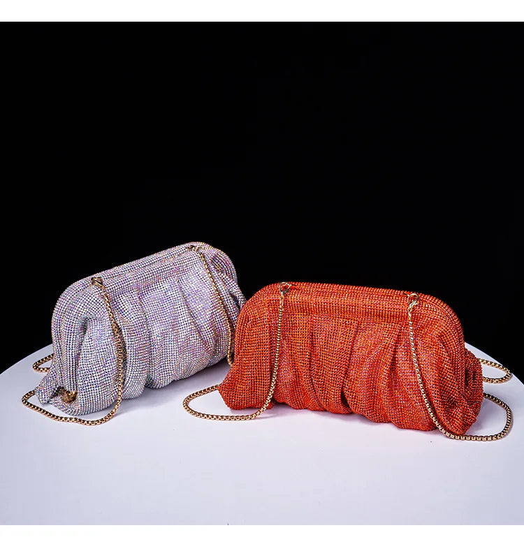 Premium Handmade Diamond-encrusted Clutch Bag Pleated Chain Rhinestone Cloud Clip Dinner Bag Single Shoulder Oblique Span Bolsos