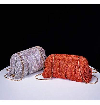 Premium Handmade Diamond-encrusted Clutch Bag Pleated Chain Rhinestone Cloud Clip Dinner Bag Single Shoulder Oblique Span Bolsos