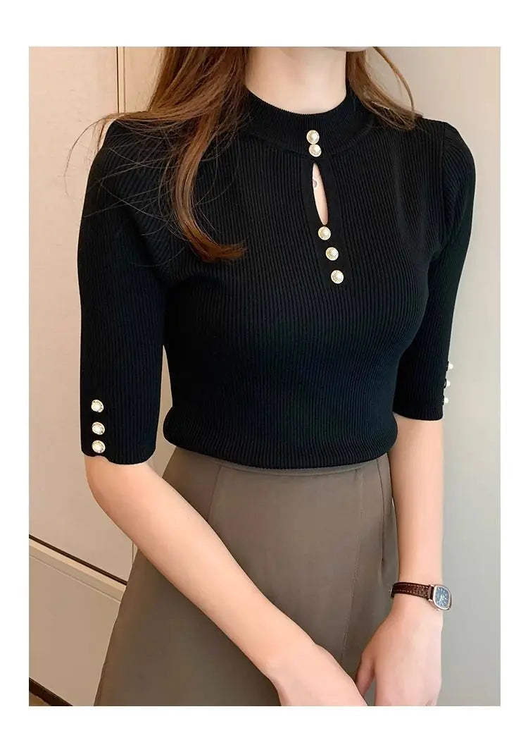 2025 frühling Herbst Korean Fashion Solid Pullover Frauen Kurzarm Tops Pull Femme Beiläufige Dünne Weibliche Pullover Gestrickte Kleidung.