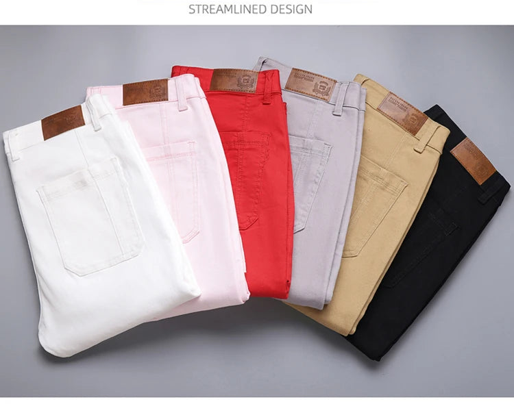 Spring and Autumn Men's Multi-Pocket Design Jeans Fashionable and Versatile White Khaki Red Comfortable Stretch Denim Pants.