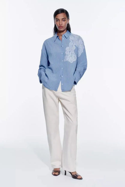 Spring 2024 New Arrival Women's irt Embroidered Flower Decorated Stripe Casual Loose Fit Long Sve Button up Polyester Fiber.