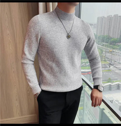 Half Turtleneck Sweater Men with Striped Wool in Autumn Winter Thickened Slightly Loose Base Knitted.