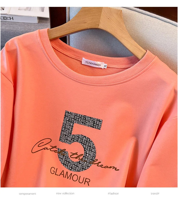 175kg plus size Damen büste Frühling Herbst loser Rundhals ausschnitt bedrucktes Langarm-Sweatshirt schwarz orange 5xl 6xl 7xl 8xl 9xl.