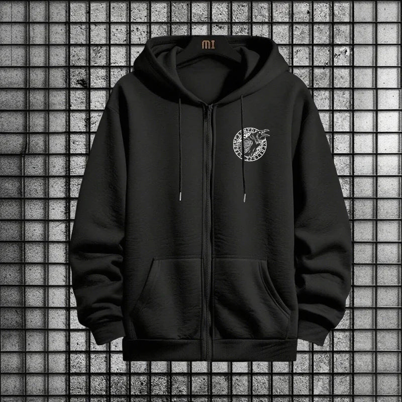 Viking Raven Print Mens Casual Tracksuit Set 2025 New 2 Pieces Zipper Hoodie with Pants Urban Streetwear Outfit Autumn Winter.