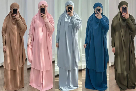 16 Colors 2 Pcs Set Ramadan Eid Modest Abaya Women Muslim Dress Hijab Suit Kaftan Robe Femme Musulmane Islam Caftan Kebaya Sets.