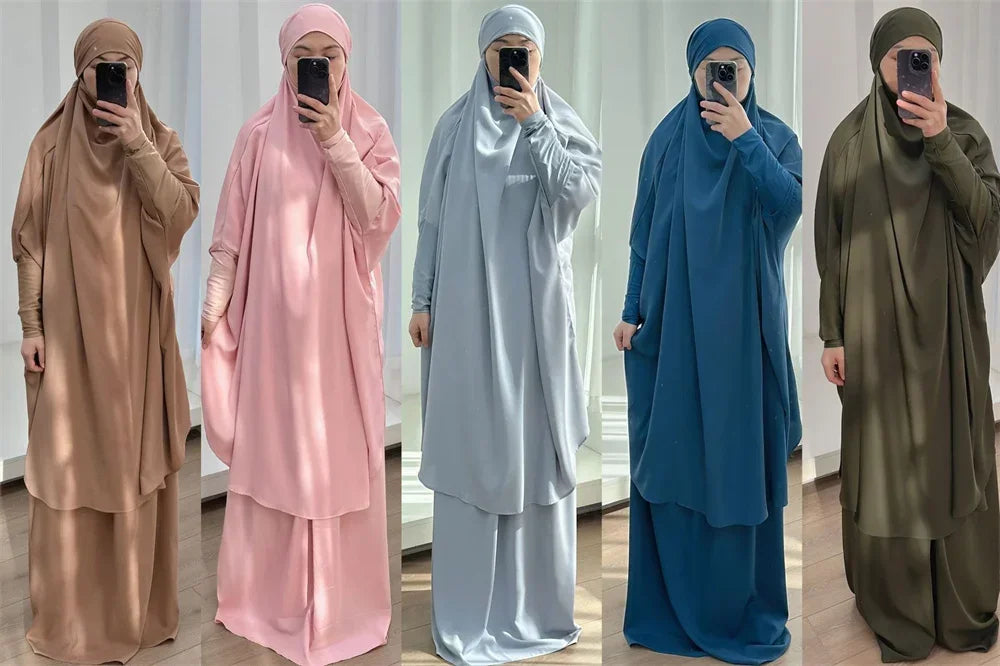 Autumn 2 Pcs Set Ramadan Eid Modest  Abaya Women Muslim Dress Hijab Kaftan Robe Femme Musulmane Islam Clothing Caftan Kebaya.