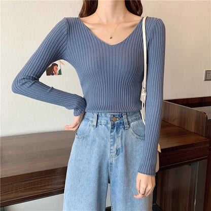 2025 einfarbig Schlank Pullover Koreanische Herbst Winter V-ausschnitt Pullover Mode Lässig Langarm Gestrickte Pullover Frauen Kleidung.
