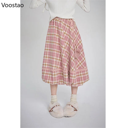 Pink Plaid Vintage Skirt Autumn Winter Women Preppy Style Chic Plush Ball Elegant Midi Skirt Korean Female Y2k A-Line Skirts.