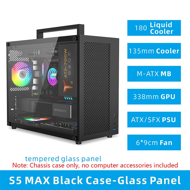 METALFISH S5 MAX Computer Case Gaming PC Chassis Support MATX/ITX 24.5*24.5cm SFX/ATX PSU 135 Mid Tower /180 WaterCooling Cooler