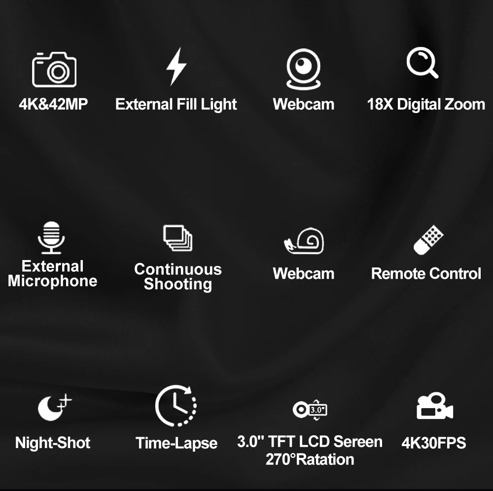 4K Portable Digital photography Camera 2 in1 Photo Video Record DV Travel Video Camera 18X Zoom 3'' Rotatable Screen With Flash.