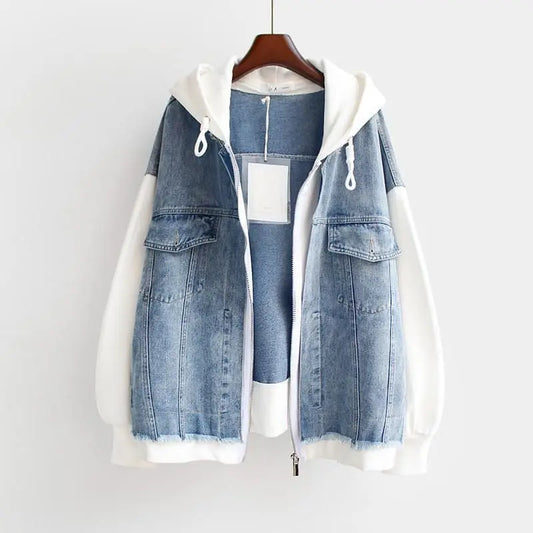 Fake Two-piece Denim Hoodies Coat Women Spring Autumn Trend Cardigan Hoodie Casual Loose Hooded Baseball Jacket Streetwear Woman.