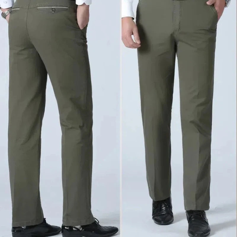 Smart Casual Pure Cotton Anti-Wrinkle High Waist Loose Baggy Straight Thicken Men Spring Autumn Solid Color Mid Casual Pants.