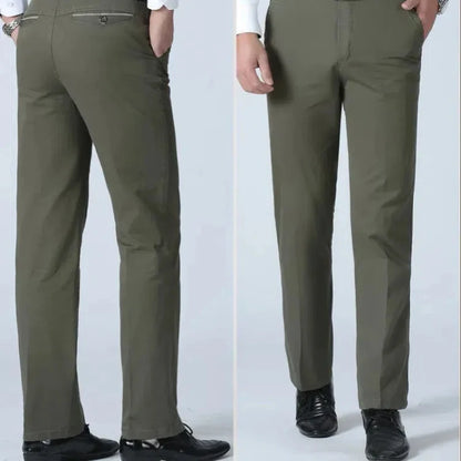 Smart Casual Pure Cotton Anti-Wrinkle High Waist Loose Baggy Straight Thicken Men Spring Autumn Solid Color Mid Casual Pants.