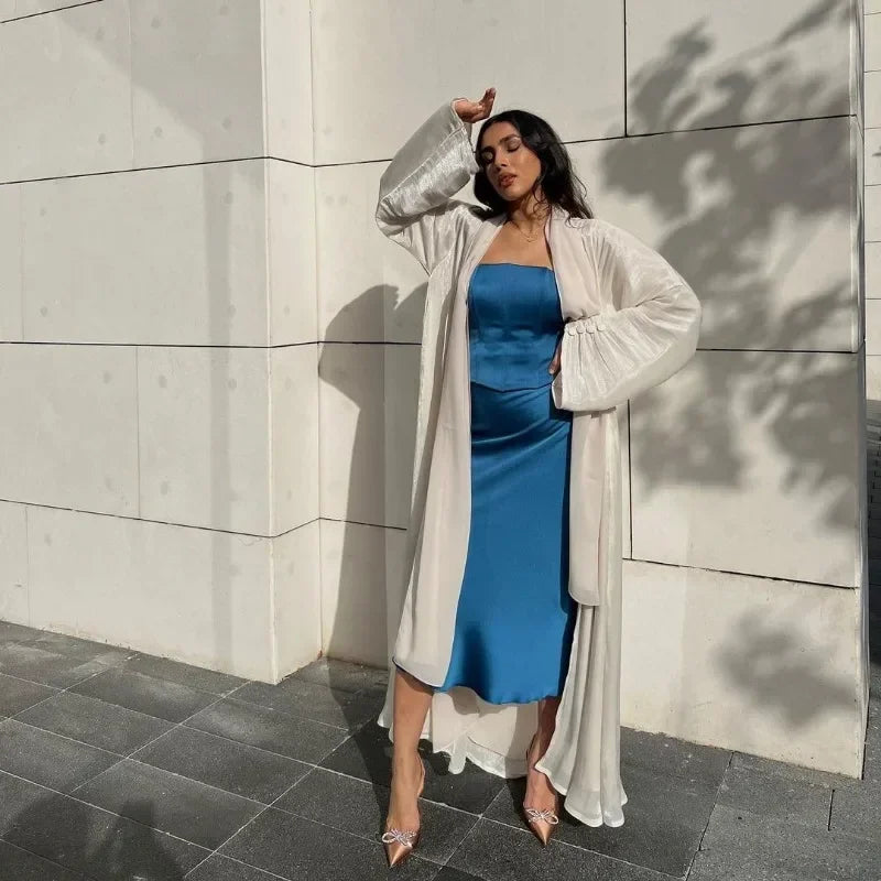 2025 Ramadan Satin muslimischen bescheidenen Kleid arabische Frauen öffnen Abaya Dubai islamische Langarm Cardigan Kleidung Truthahn schlichte Robe.