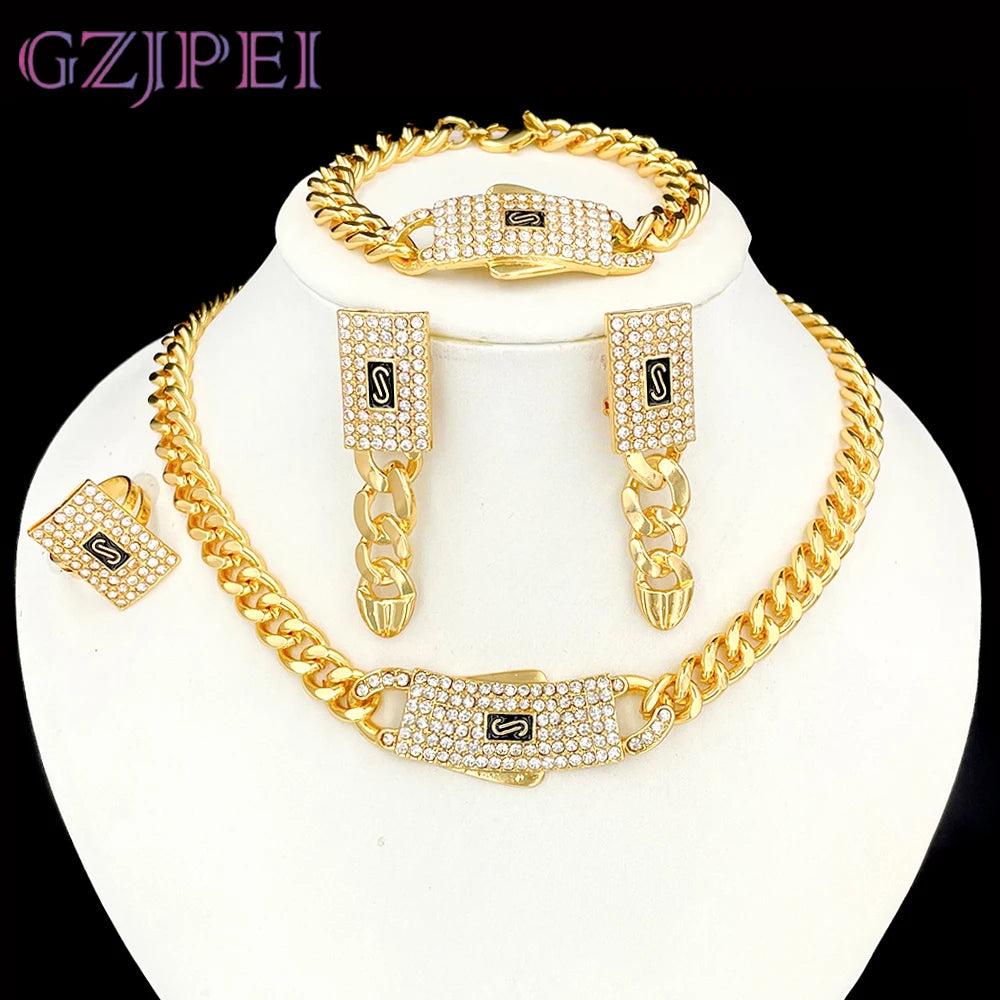 GZJPEI Monaco Chain 18K Gold Plated Cuban Chain Jewelry Set High Quality Necklace Bracelet 2025 New For Bridal Wedding Gift.