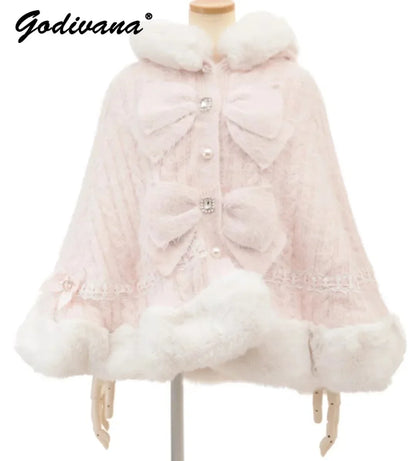 Japanische Liz Süße Prinzessin Faux Kaninchen Fell Cape Mantel Frauen Herbst Winter Pelz Jacke Lose Uhr Strass Bogen Mit Kapuze Mantel.