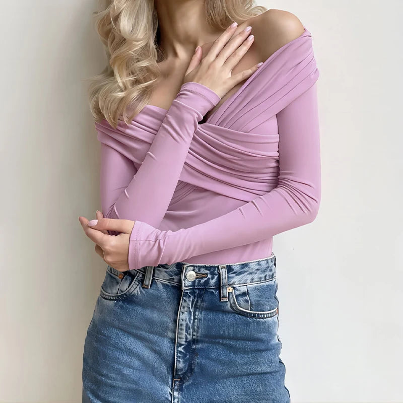 AVV Sexy Cross Pleated Off Shoulder Long Sleeve Skinny Bodysuit Ladies Hot Sexy 2024 One Piece Basic Autumn＆Spring Tops