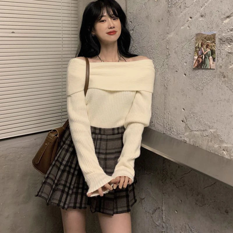 Lucyever Slash Neck Strick pullover Frauen sexy schulter freie Langarm pullover weibliche koreanische elegante verdicken schlanke Pullover Top.