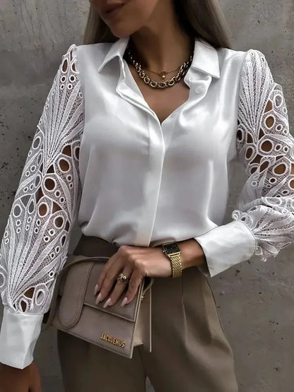 White Sexy Lace Hollow out Women Blouse Autumn Spring Black Top Vintage Button Up Shirts Long Sleeve Tops.