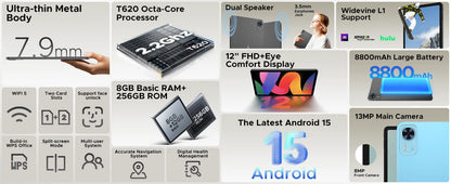 DOOGEE T36 Smart Tablet PC Android 15 12'' Display 32GB RAM (8GB+24GB) 256GB Unisoc T620 Octa Core 8800mAh Battery Widevine L1.
