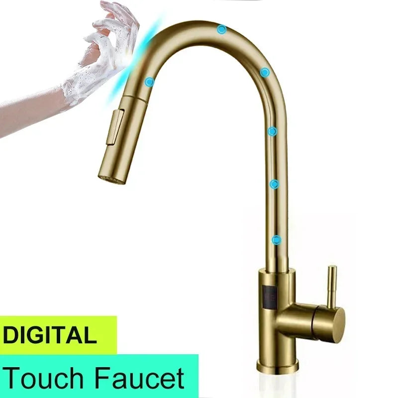 Brushed Gold Digital Kitchen Faucet Shenducs 304 Stainless Steel Hot Cold Kitchen Sink Mixer Tap Sensor Touch on Kitchen Faucet