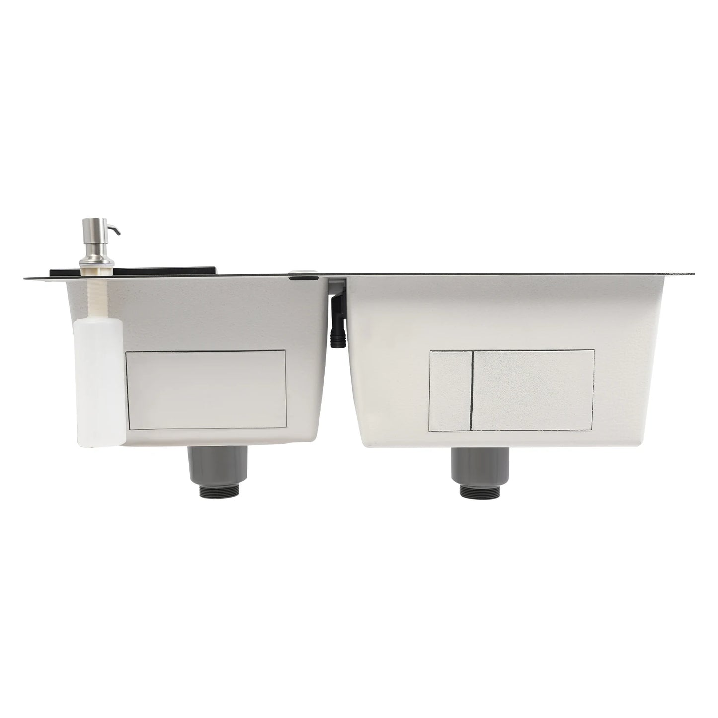 Edelstahlspüle, moderne Küchenspüle, Black Diamond 7843PB, Doppelspüle, Abfluss + Seifenspender zum Reinigen von Geschirr und Gemüse