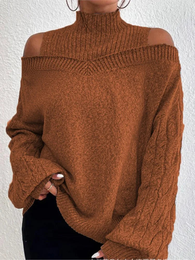 2025 Autumn Winter New Solid Knitting Off Shoulder Sweaters Elegant Office Lady Half High Collar Splice Loose Pullovers Sweater.