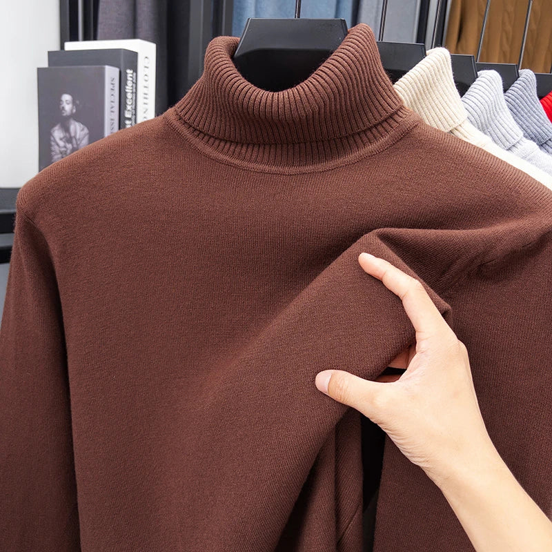 Autumn Mens High Quality Knitted Turtleneck Sweater Slim Fit Long Sleeve Anti-pilling Pullover Solid Color Trend Men Streetwea.