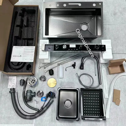 Whale sink kitchen single bowl nano black honeycomb LED digital display flying rain stainless steel large single bowl sink