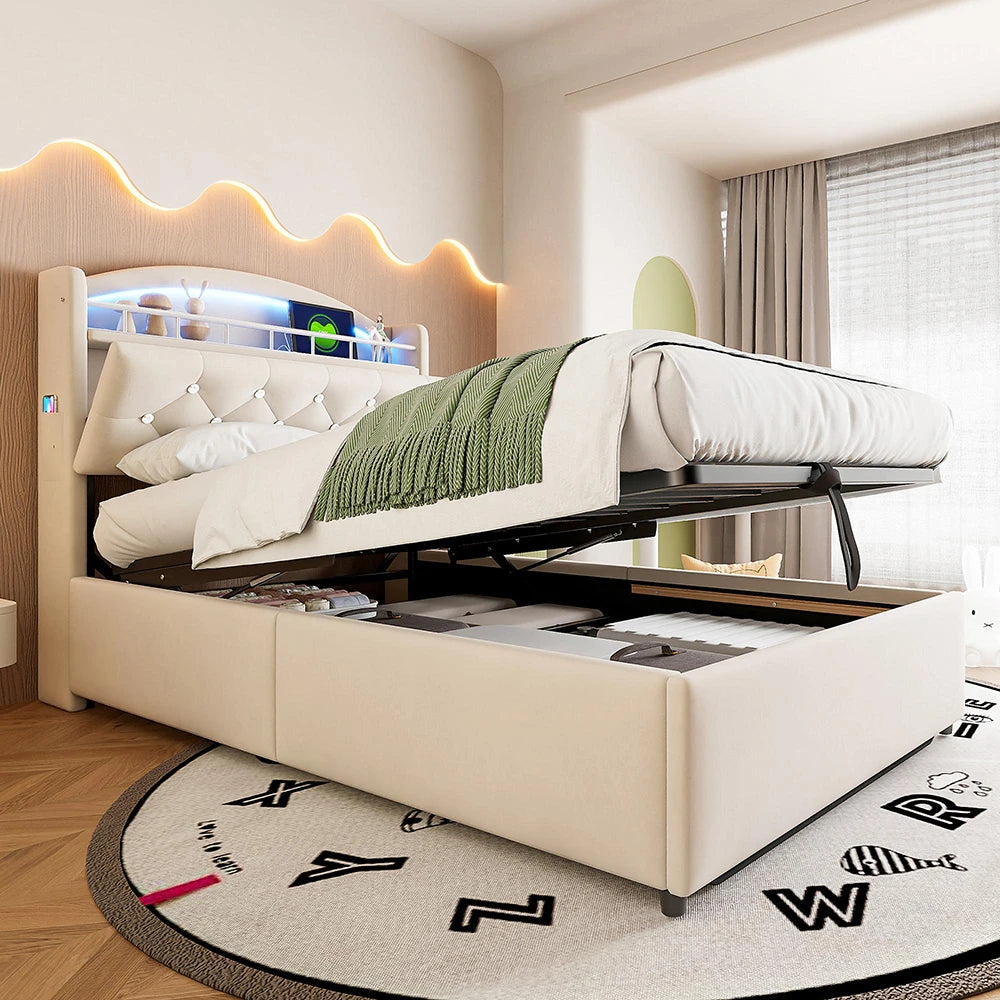 KOMHTOM Kinder Polsterbett 90x200 cm Samt Einzelbett, Multifunktionsbett mit Stauraum, LED und USB