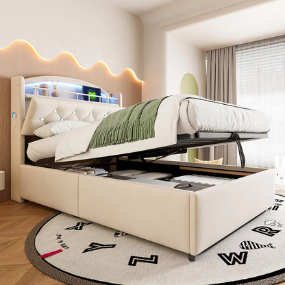 KOMHTOM Kinder Polsterbett 90x200 cm Samt Einzelbett, Multifunktionsbett mit Stauraum, LED und USB